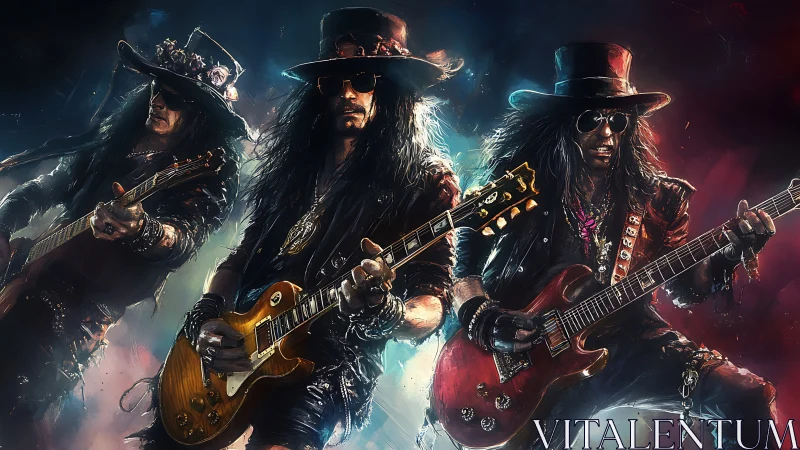 Rock guitar trio shred under neon stormlit stage glow.