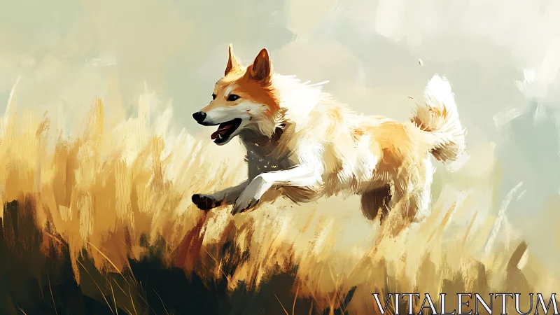 Energetic dog leaps through golden grass under soft sky