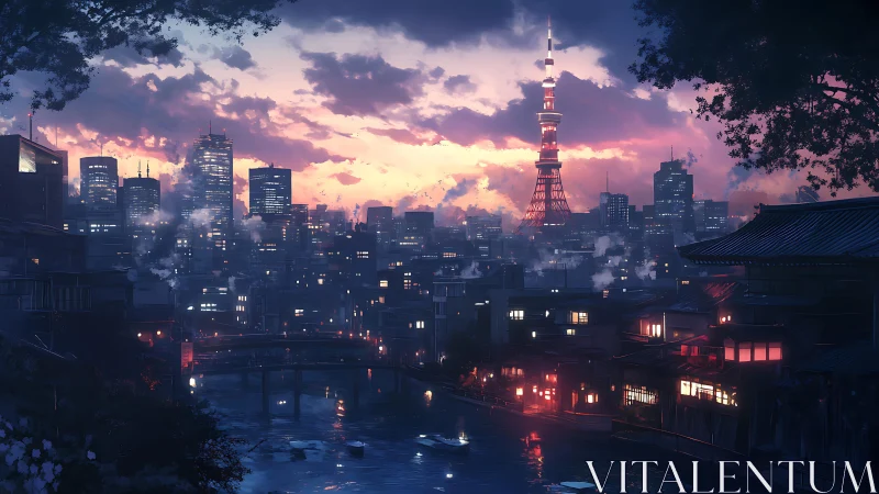 Twilight river cityscape with illuminated tower skyline panorama.