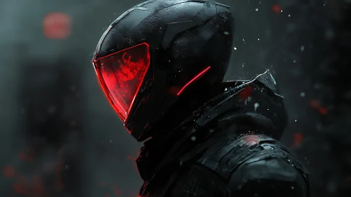 Crimson visor sentinel in stormlit cyber armor vigil.