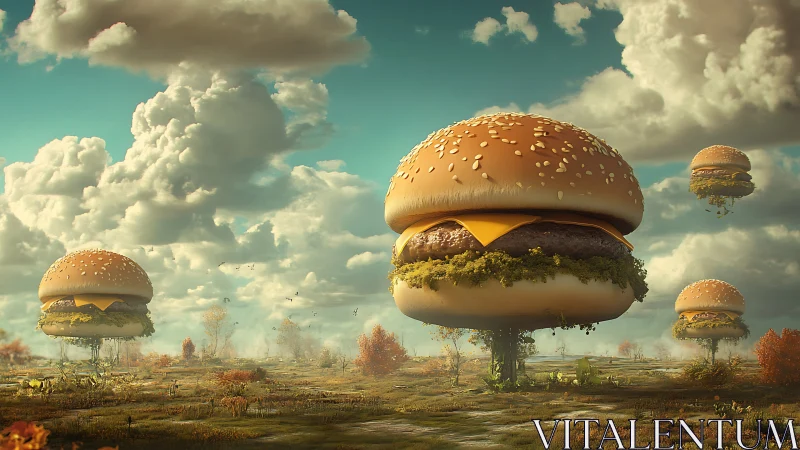 Floating burger islands bringing playful magic to the sky.