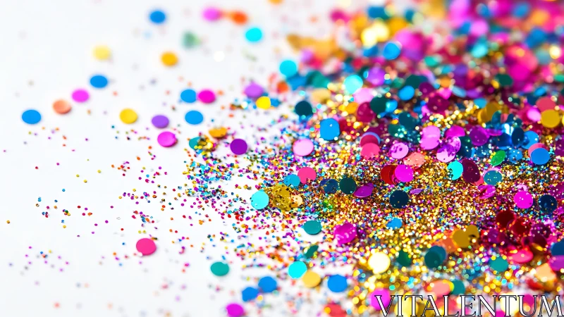 Multicolored confetti and glitter scattered on white surface.