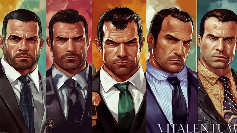 Digital painting quintet of suited male portraits in panels.