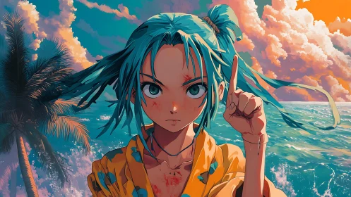 Defiant anime girl commands a stormy neon tropical seascape