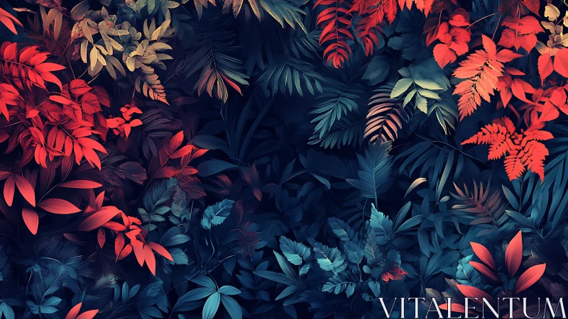 Digital foliage tapestry with red and teal tropical leaves.