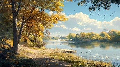 Autumn riverbank stroll catches sunlight between quiet domes