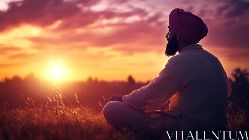 Meditating man in field under glowing sunset sky.