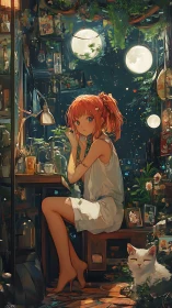 Red-haired girl in indoor garden at night with white cat.