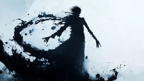Shadow figure dissolving in swirling ink and light.