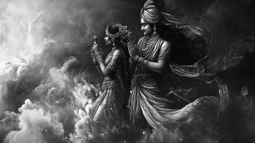 Divine couple in flowing robes within swirling smoky void.