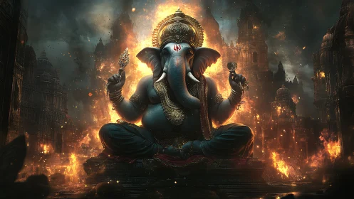 Fiery Ganesha sits serenely while ruined temples ignite