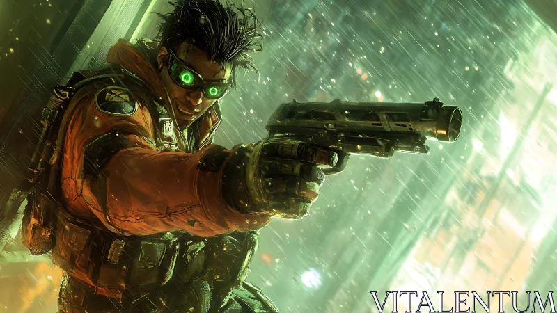 Cyberpunk gunfighter aims pistol through neon rainstorm.
