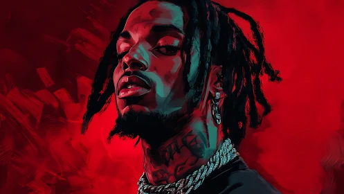 High-contrast digital portrait with neon cyan rim lighting on red