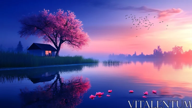 Lakeside cherry tree at dusk with glowing cottage reflection.