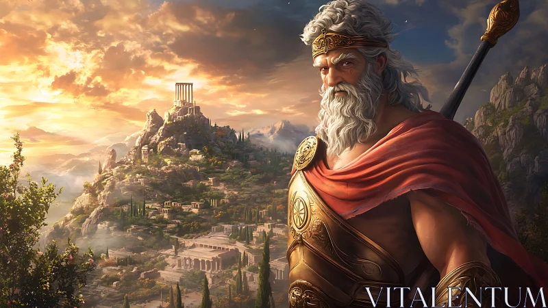 Mythic warrior overlooks a radiant ancient Greek citadel
