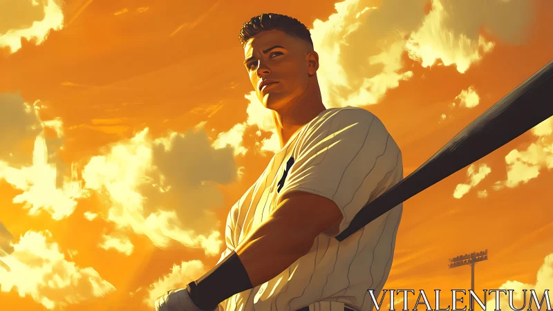 Heroic baseball slugger under dramatic golden sunset sky