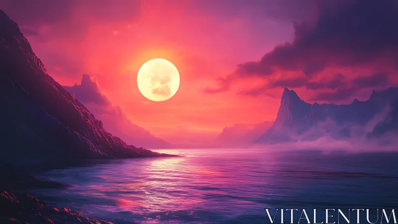 Neon dusk seascape under luminous full moon glow.