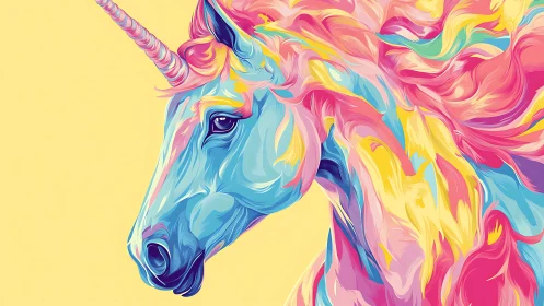 Dream-bright unicorn portrait in swirling candy colors.