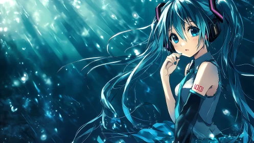 Blue haired anime girl underwater with headphones and light rays.