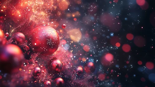 Red Christmas baubles amid glowing festive bokeh field.