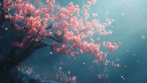 Cherry blossom tree glows softly in misty blue grove