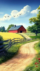 Country dirt road curving past red barn under blue sky.