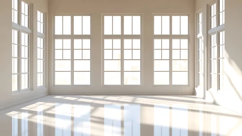 Sunlit empty room with tall grid windows and reflections.