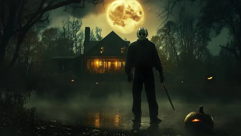 Moonlit marsh ghost and haunted house on Halloween night.