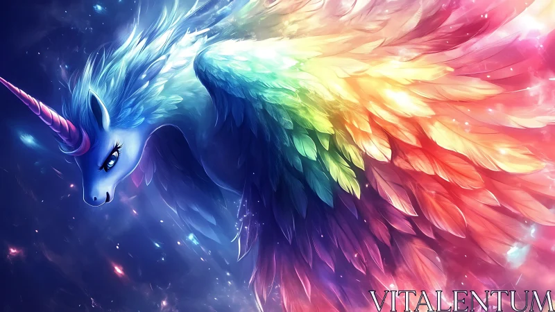 Winged unicorn with iridescent plumage in cosmic space.