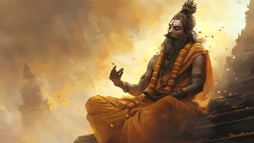 Serene sage in golden meditation amid swirling temple light.