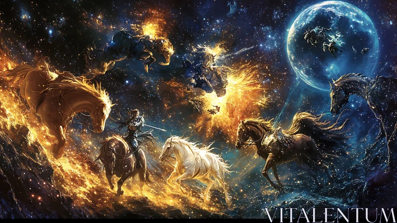 Mythic celestial horses charge through blazing starlit void