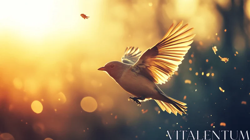 Small bird in flight at golden hour, with glowing sunlit wings.