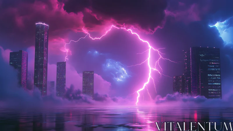 Neon lightning fractures a futuristic skyline in dense vapor