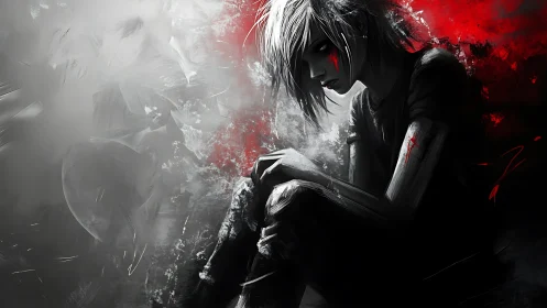 Grayscale loner curls into crimson-slashed digital dusk