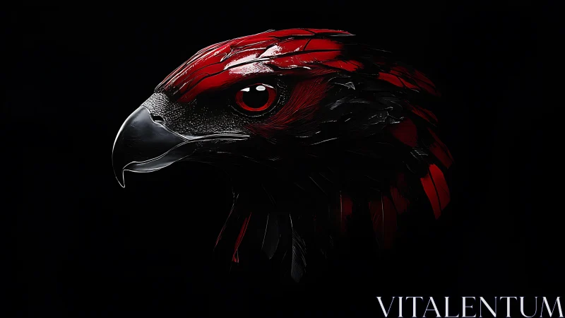 Hyperreal crimson raptor profile rendered with metallic sheen