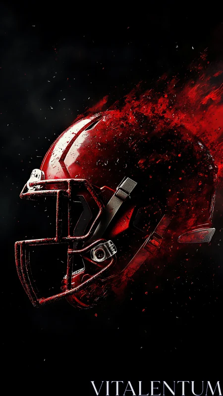 Exploding red football helmet surges through dark stadium void