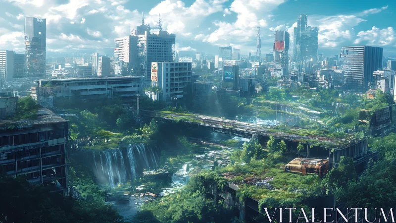 Lush waterfalls gently reclaim a quiet futuristic city