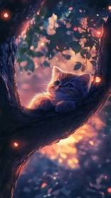 Luminescent Feline in Hollow Tree with Bokeh Firefly Ambient Lighting