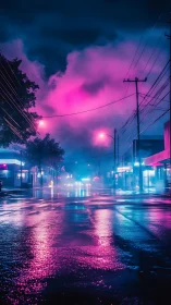 Neon lit wet urban street at night with dense colored fog.