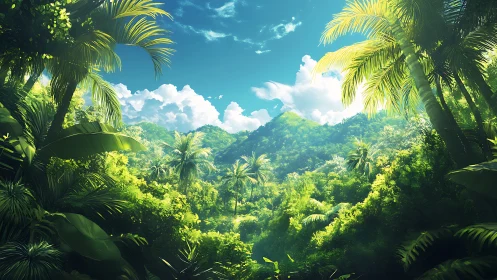 Tropical Jungle Valley Framed by Dense Palm Canopy