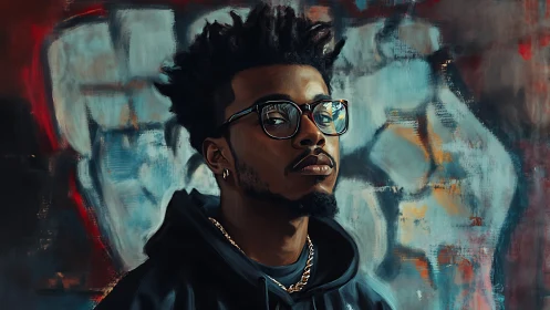Portrait shows man in glasses against abstract painted wall