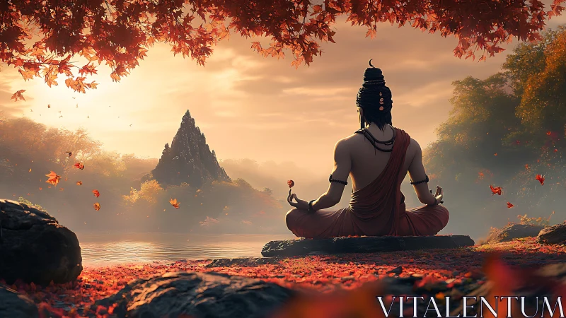 Figure in seated meditation beside lake under autumn canopy.