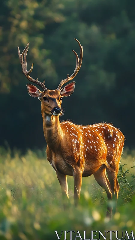 Spotted deer stands alert in soft golden forest light