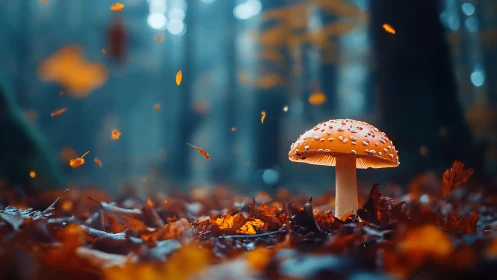 Autumn fairy-ring mushroom glows amid swirling forest embers.