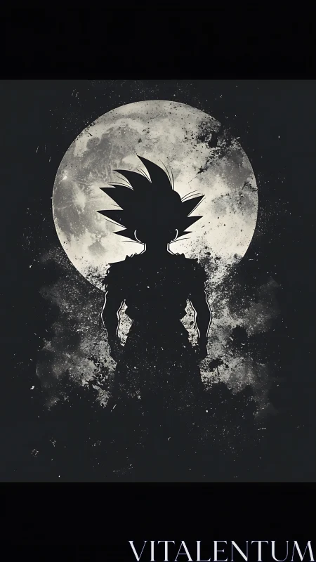 Silhouetted spiky haired figure positioned before full moon.