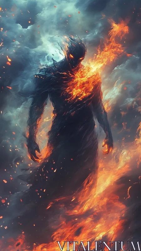 Fiery humanoid figure emerging through swirling clouds.