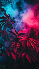 Bicolor neon fog enveloping magenta tropical foliage at night