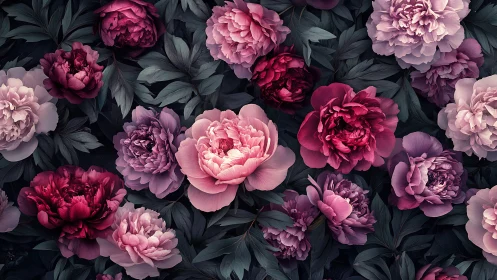 Pink and Crimson Peonies with Dark Foliage.