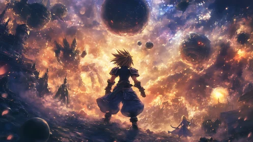 Fantasy figure in cosmic battlefield with floating spheres.