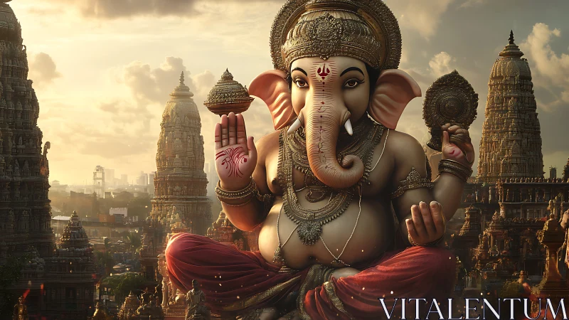 Majestic Ganesha deity towering above ornate temple skyline.